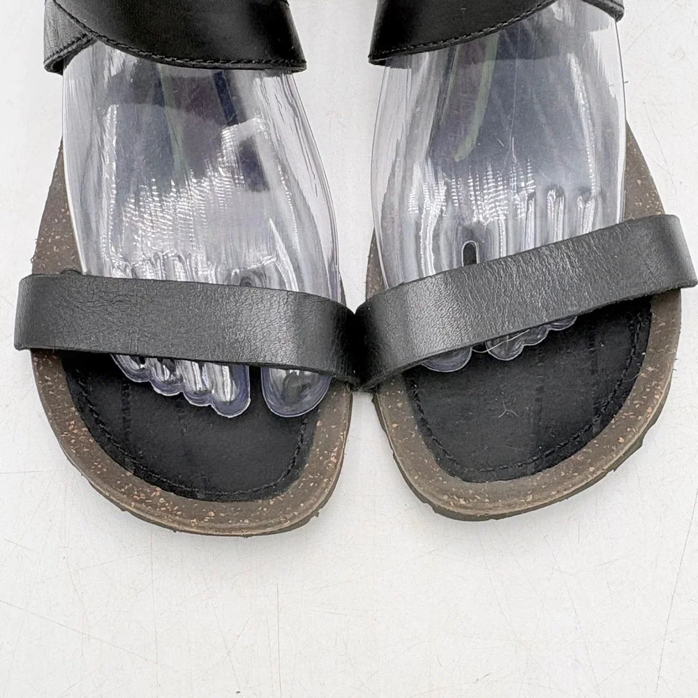 Teva Wedge Sandals Women 8.5 Black Excellent Leather Cork Ankle Strap Comfort